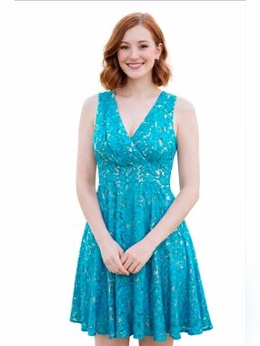 Eliza J Turquoise Lace V-Neck Fit & Flare Dress Size 2